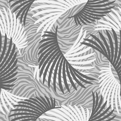 Tropical palm leaves jungle on zebra fur seamless vector pattern background