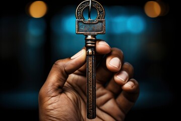 Close-up of an Ornate Key in a Person's Fingers, Detailed View.
