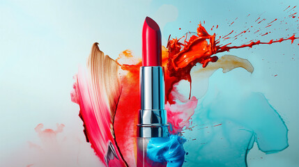 Lippenstift mit kreativen Farben und Malerei Lippen mit Pinsel und Lippenstift Design Künstler Marketing für Makeup Lippenpflege Generative AI - obrazy, fototapety, plakaty