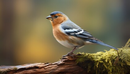 Fototapeta premium Male Chaffinch, Fringilla coelebs, perched on a tree stump