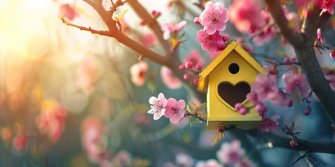 Poster Wooden birdhouse with heart-shaped entrance with bird inside, hanging on branch on background a spring sunny gardent with blurred flowers in sunlight. Copy paste empty place for text © Valeriia