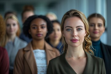 Fototapeta premium A visionary female leader stands at the forefront, with her diverse group of female colleagues in soft focus behind her.