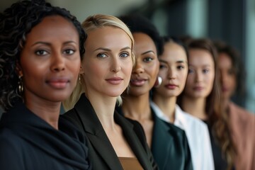 Naklejka premium A powerful lineup of multicultural female leaders, with a blonde woman at the forefront, representing global business diversity.