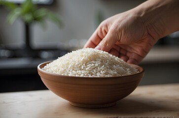 Cropped woman hand holding brown bowl with rice