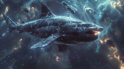 Biomech shark swimming through space debris, its eyes a deep, dark void - obrazy, fototapety, plakaty