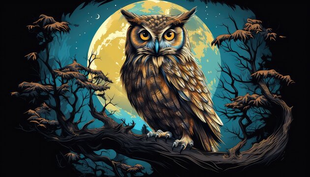 Cool owl illustration on tree branch