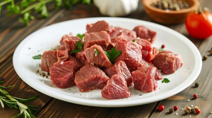 raw beef steak with spices and herbs on a white wooden background