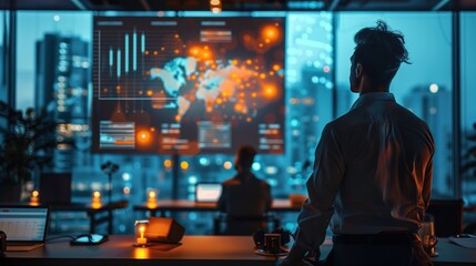 business people on map screen in front of digital projection