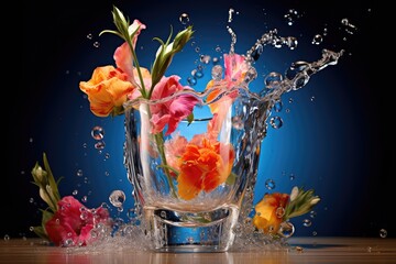flower splash beautifull within water glass - obrazy, fototapety, plakaty