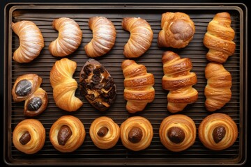 A top view of an assortment of freshly baked pastries, including croissants and Danish