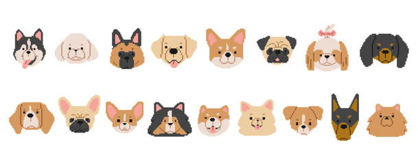 Dog Heads Pixel Collection 1 cute on a white background, vector illustration.
