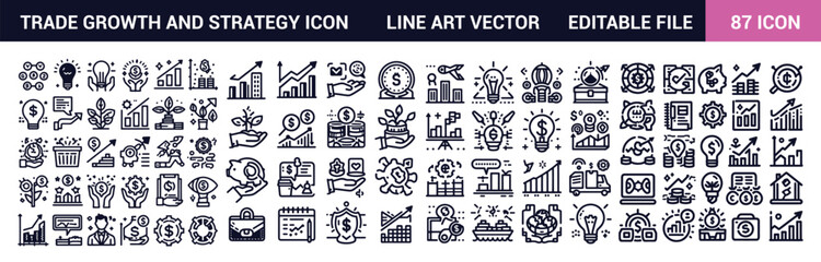 Trade growth and strategy Simple Line art icon set. Logistics, production, strategy, Trade growth, Flat icon collection.