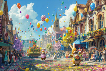 Whimsical Easter Parade on a Bustling Town Street with Festive Characters