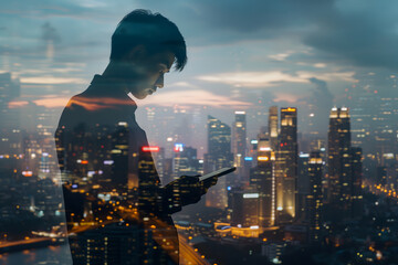 Double exposure of business and a city - Asian businessman using a digital tablet superimposed on a city skyline - obrazy, fototapety, plakaty
