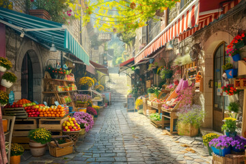 Fototapeta na wymiar Picturesque Cobblestone Alley in European Town with Flower Shops and Morning Sunlight