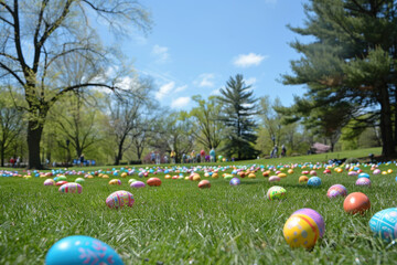 Outdoor Easter Egg Hunt in Lush Park on a Sunny Spring Day