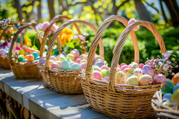 Fototapeta na wymiar Easter Celebration with Colorful Eggs in Wicker Baskets and Spring Blooms