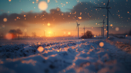 Wind power plants on a snow-covered field with snowdrifts at the base against the backdrop of dawn. Bokeh effect. AI generative