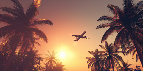 Fototapeta na wymiar Airplane flying above exotic palm trees in sunset sunrise sky with sun rays. Concept of travelling vacation holidays and travel by air transport