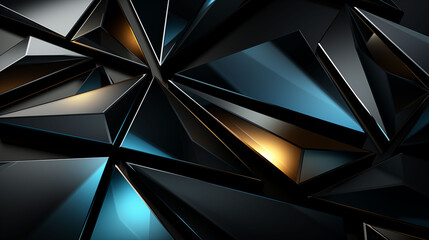 A 3D render of a multitude of reflective triangular crystals in shades of blue and black, creating a sharp geometric pattern.