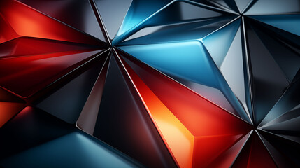 A 3D render of a multitude of reflective triangular crystals in shades of blue and red, creating a sharp geometric pattern.