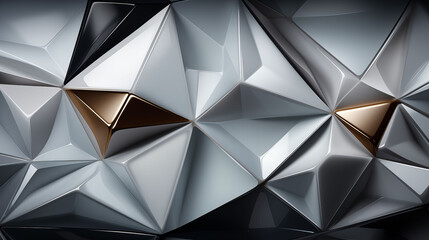 A 3D render of a multitude of reflective triangular crystals in shades of white and gold, creating a sharp geometric pattern.