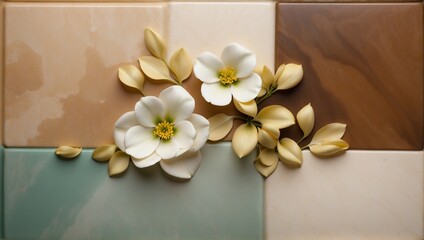 Fototapeta na wymiar Cream White Artificial Flowers on Multicolored Tiles with Copy Space