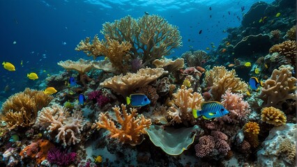 Naklejka na ściany i meble Mesmerizing Underwater Beauty: Coral Reef and Colorful Fish Wonderland