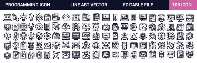 programming icon set vector Line art. Editable stroke. Programmer flat decorative icons set.

