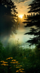 Embracing Tranquility: Breathtaking Sunrise Peering Through a Misty Forest captured by HJ Nature Photos