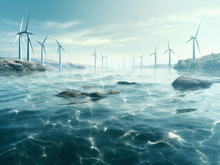 Electric windmills or wind power plants on sea or water  - obrazy, fototapety, plakaty