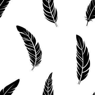 Feathers silhouettes seamless vector pattern isolated on white background. Vector black and white flat design illustration. Bird feathers seamless pattern.