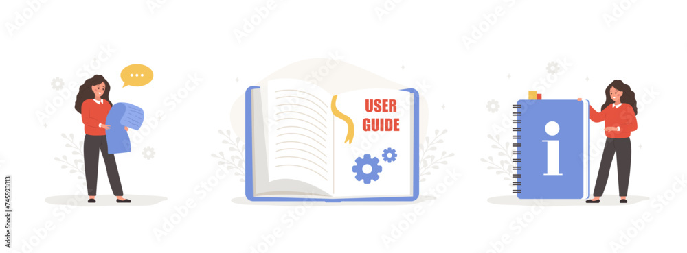 Aufkleber user manual concept. female characters with guide instructions. women reading user agreement, terms 