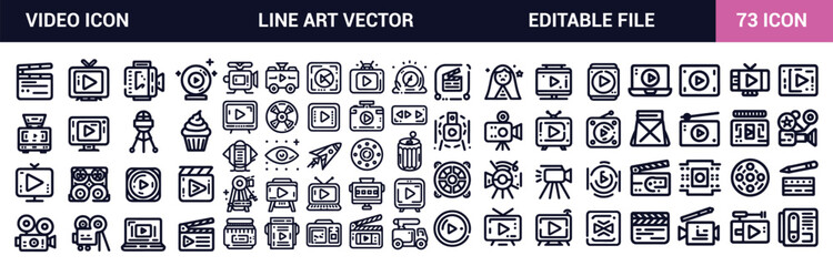 Video icon set vector Line art. editable stroke Contains a camera, play, pause, media, online video, live, production, and player.