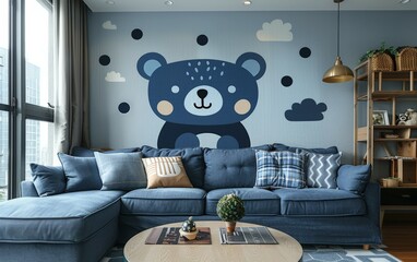 Blue modern interior with blue bear wallpaper.