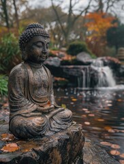 a buddha statue stands near a waterfall