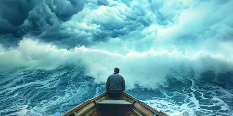 Man sitting in boat in open ocean meets huge crashing breaking wave. Natural disaster, accepting problem and solving it concept. Inevitable situation