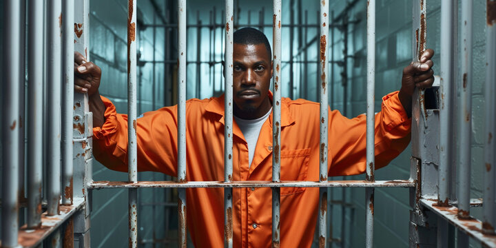 Depicting imprisonment, criminal justice fair punishment, spend life in locked jail, incarceration theme concept. Adult African-American criminal behind bars in prison. Prisoner sit look into camera