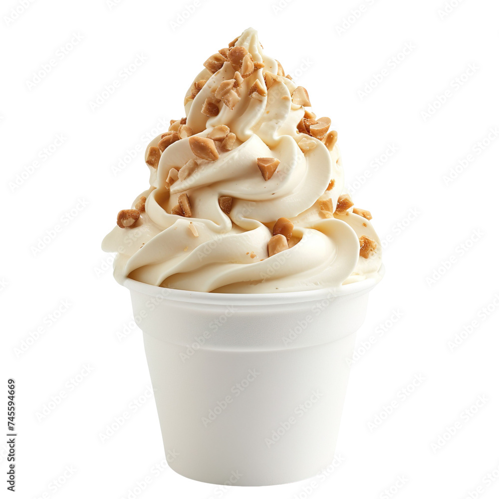 Wall mural front view of hazelnut crunch soft serve ice cream in a white gelato cup isolated on a white transpa