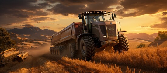 Harvester tractor dumps harvested wheat into truck. at sunset