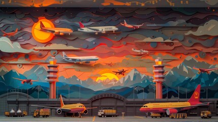 An artistic representation of an airport at sunset, with planes taking off and landing, crafted in vibrant paper art style.