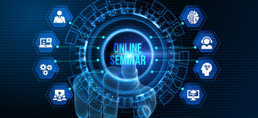Obraz premium Business, Technology, Internet and network concept. Webinar e-learning. Training concept. 3d illustration