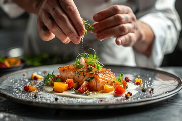 A chef meticulously garnishing a gourmet salmon dish with herbs, highlighting culinary art and fine dining elegance.