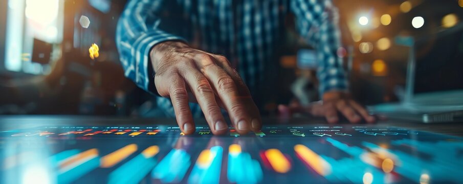 A DJ's hand adjusting knobs on a sound mixer board with colorful lights, capturing the essence of music production and club atmosphere.