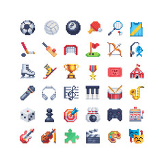 Game assets pixel art style icons set, sport, music, emoji. 8-bit sprite. Design for logo game, sticker, web, mobile app, badges and patches. Isolated vector illustration. 