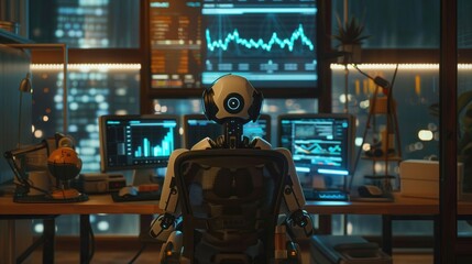 Robot  Analyze data and charts Crypto on screens.