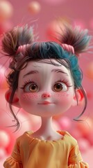 A close up of a doll with blue hair