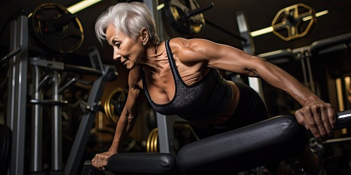 A senior woman embraces an active lifestyle by engaging in gym workouts, promoting strength and mobility