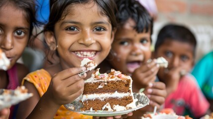 A group of children eating cake together