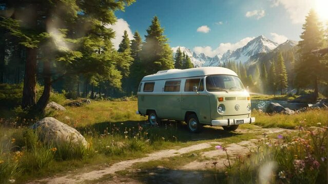 Mountain camper van. seamless looping 4k video animation background.